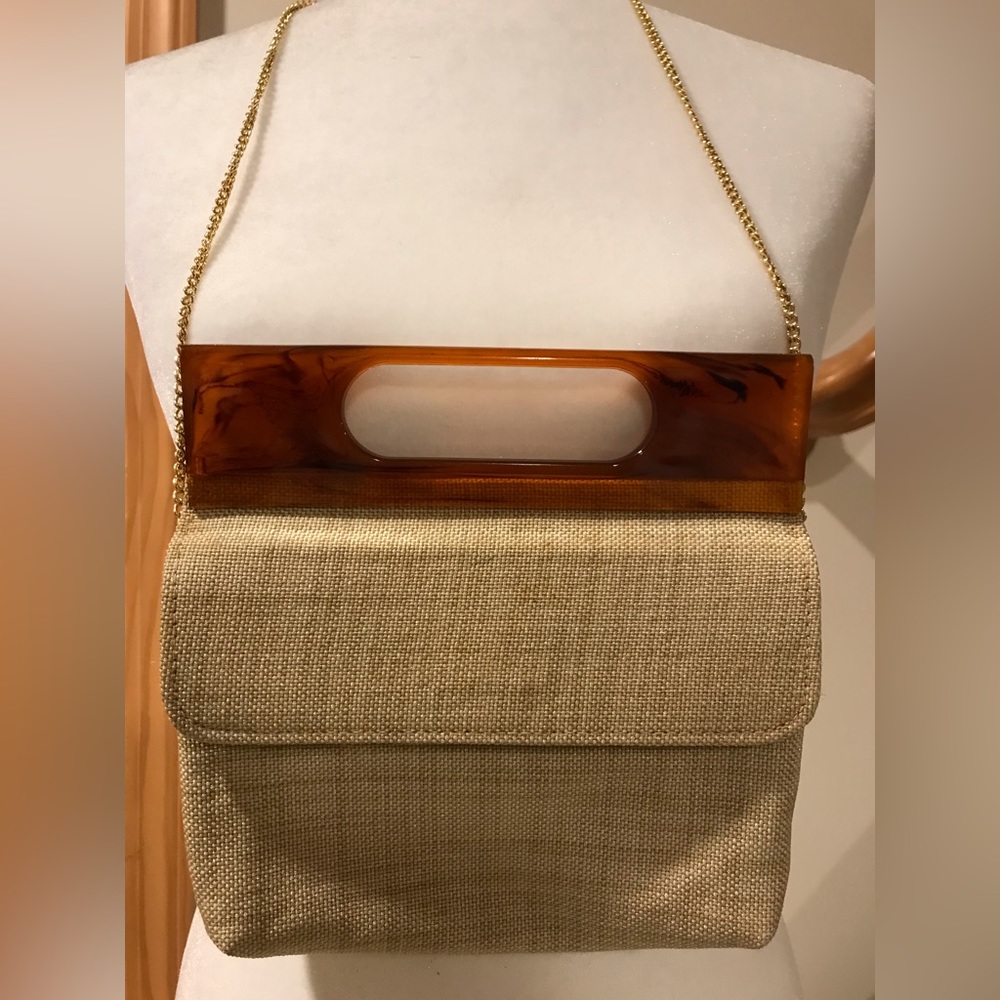 Vintage 70s tan orange swirl resin handle mini purse